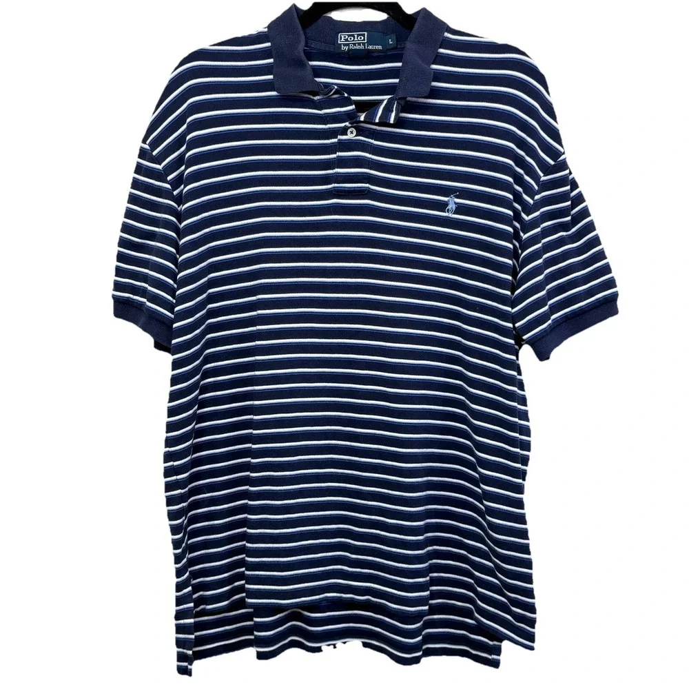 Polo Ralph Lauren Navy Blue‎ Striped Polo Shirt Men's Large Classic Fit